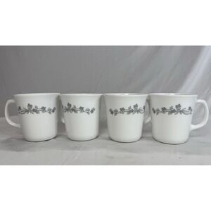 Set of 4 CORELLE Corning Coffee Mugs "Ribbon Bouquet"  Grey floral;  Retired